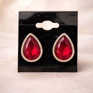 Gold Tone Red Teardrop Statement Earrings | Crystal Trim Stud Earrings